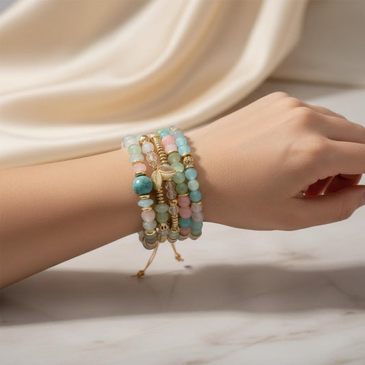 BC26154-Pretty Precious Boho Stackable Beaded Bracelet Set – Elastic Bracelets for Women – Coastal Inspired – Adjustable Handmade Beaded Bracelet (4-Piece Set)-Assorted Colour (Multicolour-Round)
