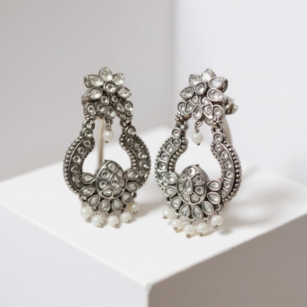 1346-Pretty Precious Oxidised Silver Stylish Party Wear Earrings for Women and Girls-Transparent with Pearl