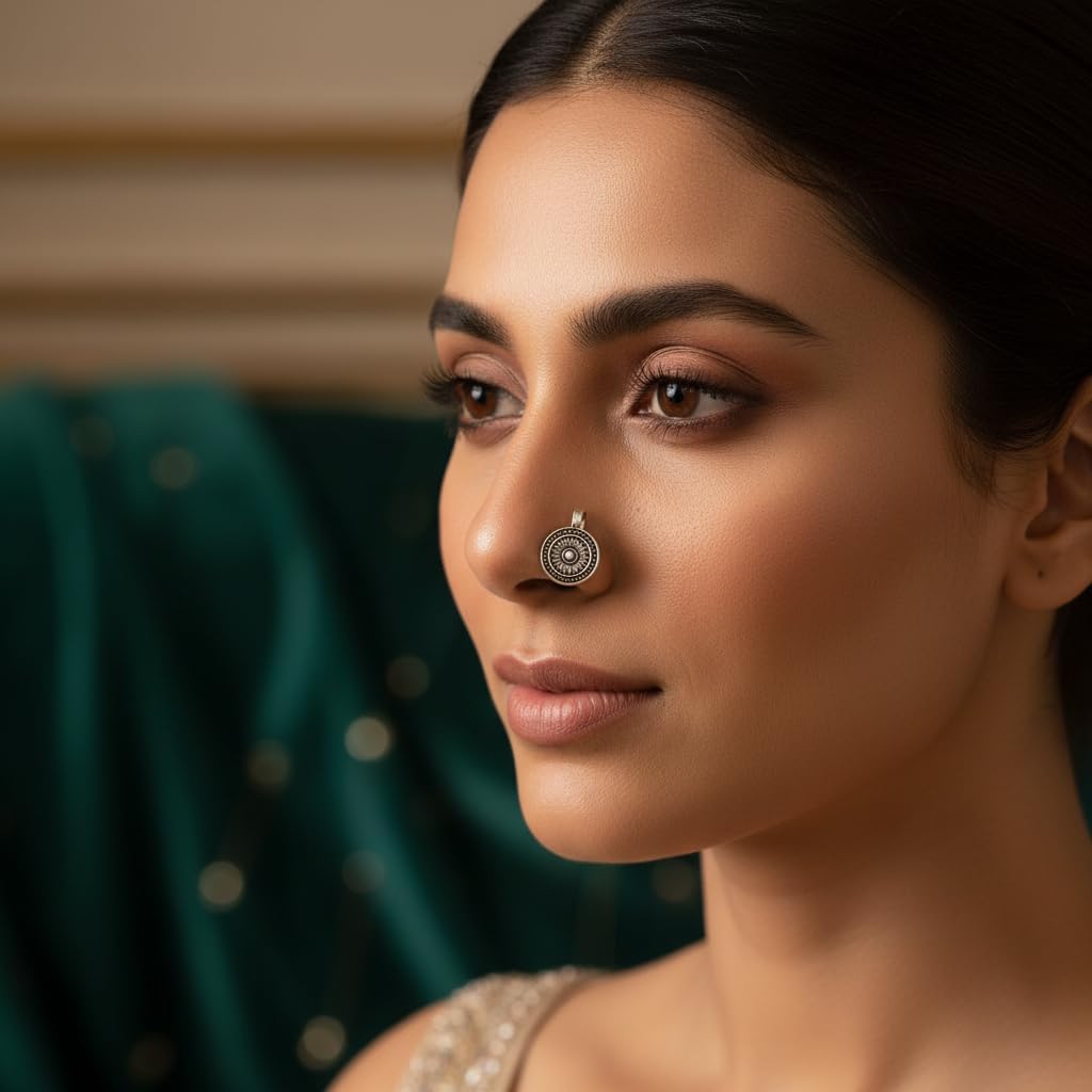 1543-Pretty Precious Oxidised Nose Ring for Women & Girls | Traditional Antique Silver Tone Nose Pin | Ethnic Indian Jewellery | Lightweight & Comfortable | Festive & Daily Wear