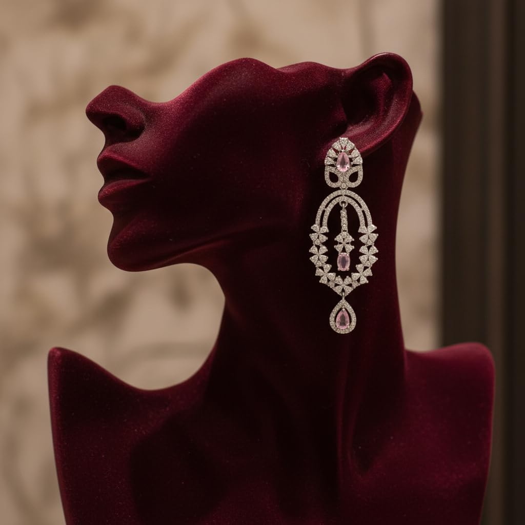 1372-Pretty Precious Earrings, AD Stones, Rhodium Plated, Dangle Design, Cubic Zirconia, Silver, Party Wear-Pink