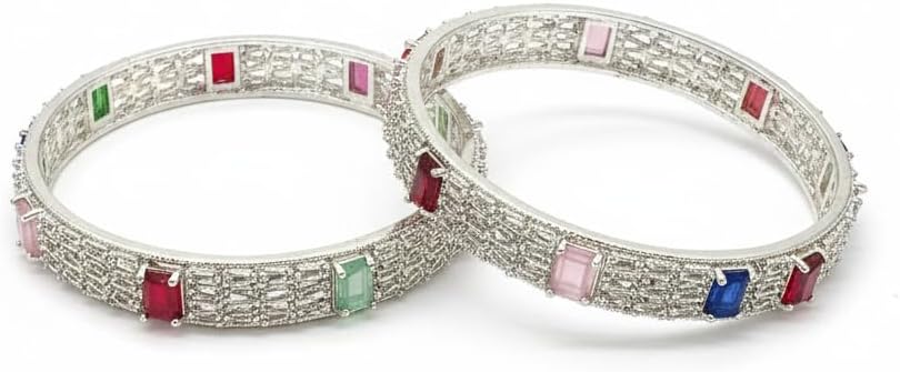 1461-Pretty Precious Rodhium-Plated Cubic Zirconia/American Diamond Traditional Bangles/Bracelet Set of 2 for Women and Girls -Multicolour (Size 2.4)
