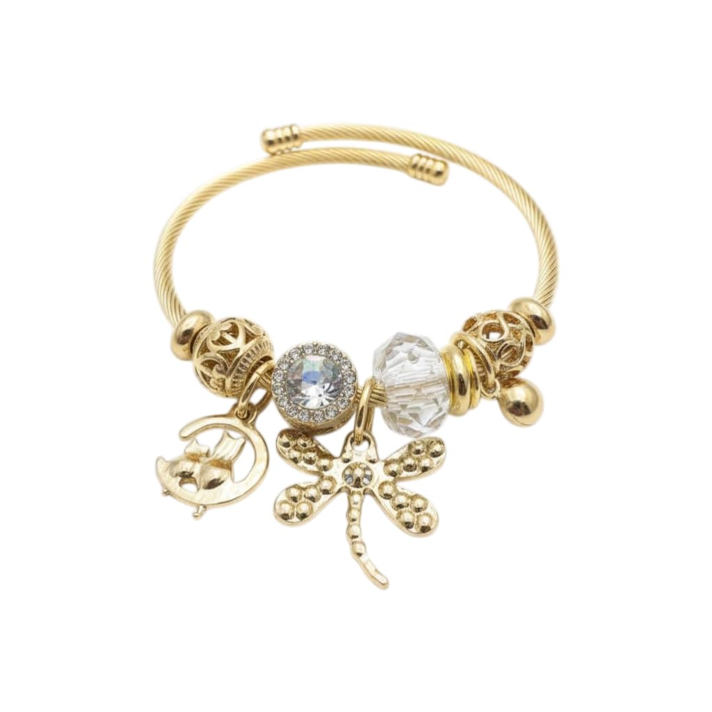 BC26141-Gold Tone Cable Bangle Bracelet with Beach Theme Charms, Seashell Starfish Flip Flop Dangles, Assorted Colours and Designs