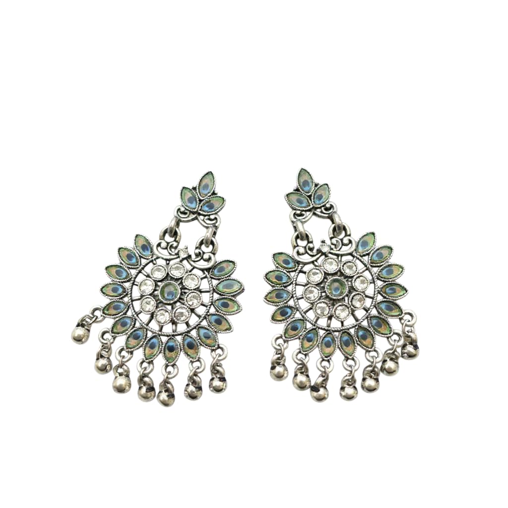 1344-Pretty Precious Oxidised Silver Earrings for Women, Party Wear Dangle Earrings with Cubic Zirconia Stones, Silver Plating-Peacock Design