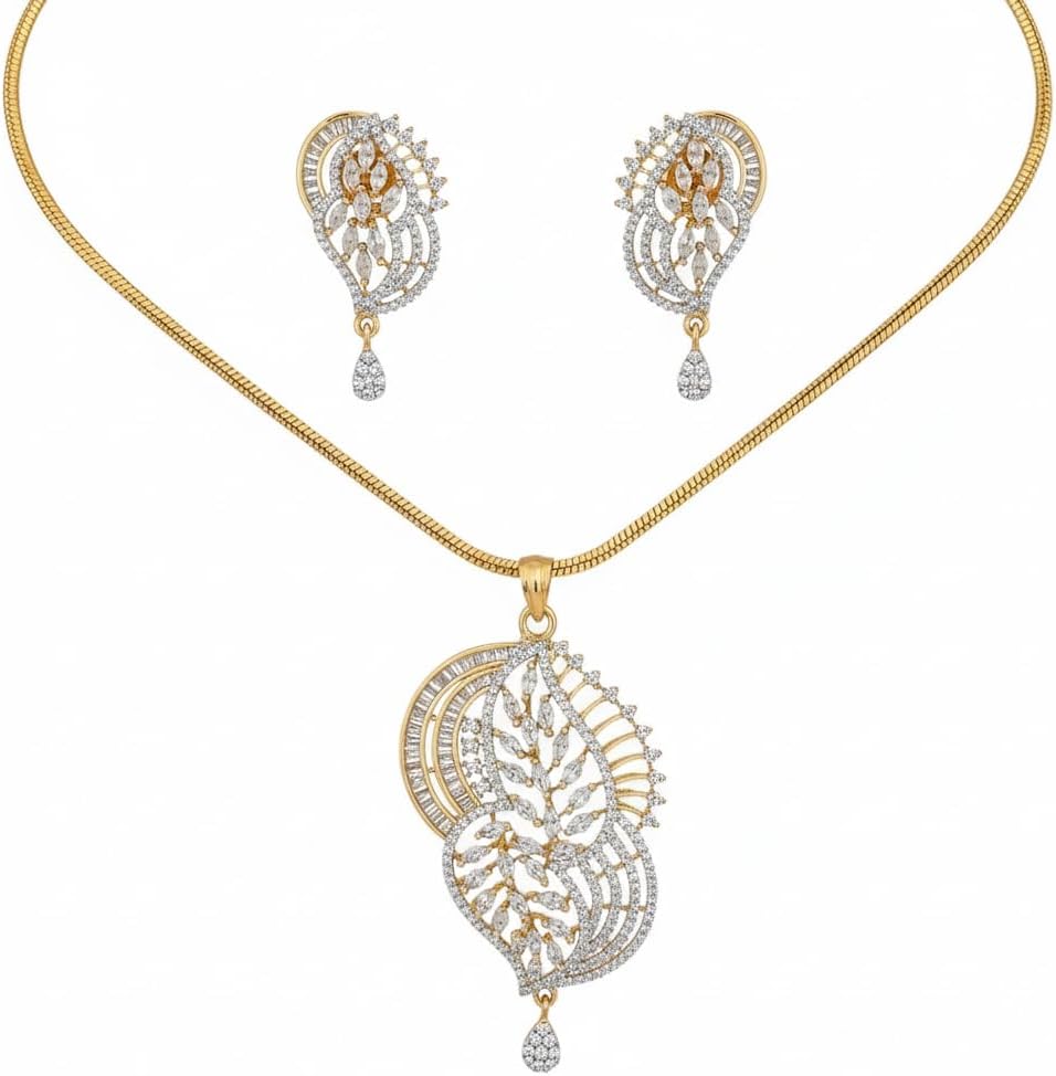 1388-Pretty Precious AD Two Tone Pendant Set for Women | American Diamond Pendant with Earrings & Chain | Elegant Party, Wedding & Daily Wear Jewellery-White