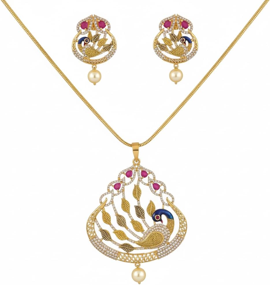 1391-Pretty Precious AD Two Tone Pendant Set for Women | American Diamond Pendant with Earrings & Chain | Elegant Party, Wedding & Daily Wear Jewellery-Ruby