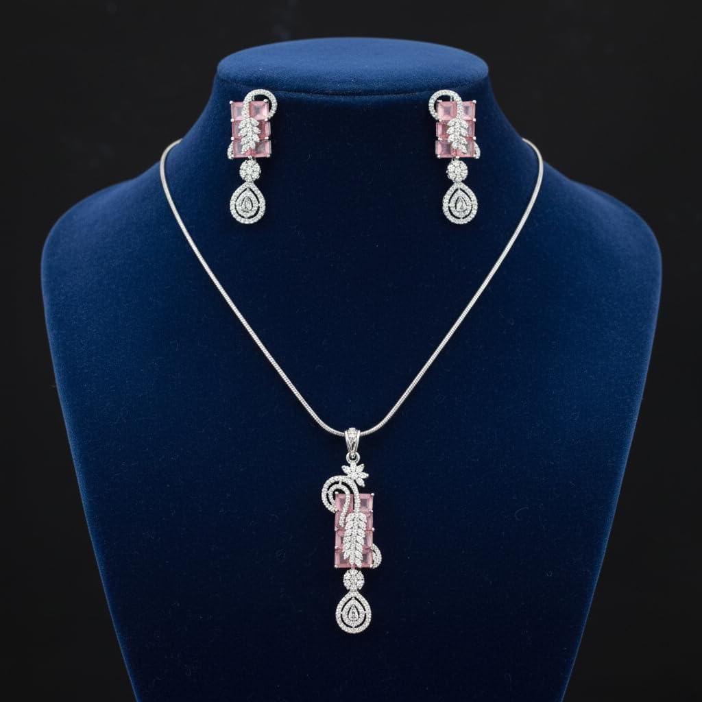 1380-PRETTY PRECIOUS Rodhium-Plated American Diamond Pendant Set with Earrings for Women and Girls, with Chain-Pink