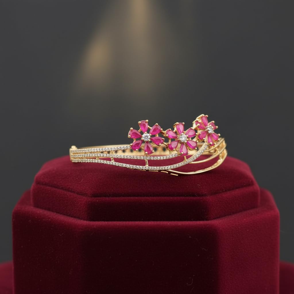 1434-Pretty Precious American Diamond Openable Kada Bracelet for Women, Gold & Silver Plating, Cubic Zirconia, One Size, Party & Wedding-Ruby
