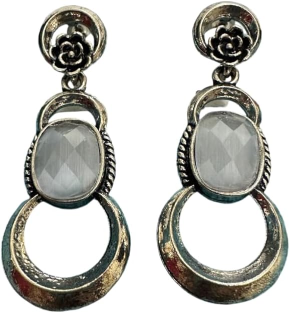 1356-Pretty Precious Oxidised Silver Stylish Party Wear Earrings for Women and Girls-White Colour