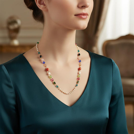 438533-Pretty Precious Pearl and Multicolour Gemstone Beaded Necklace, Gold Plated Chain with Green Blue Pink Turquoise Oval Stones