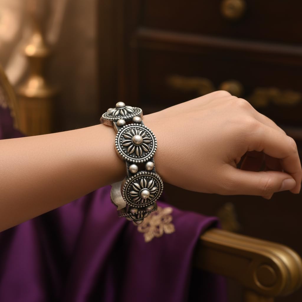 1498-Pretty Precious Oxidised Silver Look Screw Openable Kada Bracelet for Women & Girls | Ethnic & Party Wear Jewellery