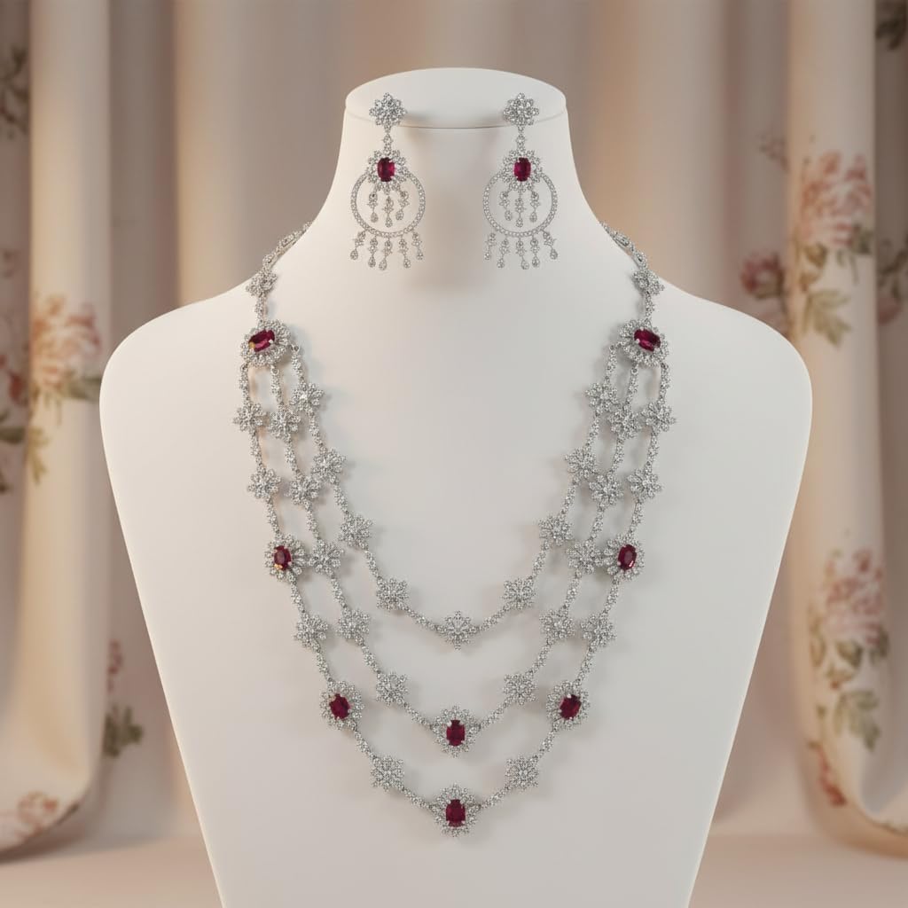 1399-Pretty Precious AD Necklace Set for Women | Rhodium Plated American Diamond Necklace & Earrings Set | Party, Wedding & Festive Jewellery-Ruby Colour