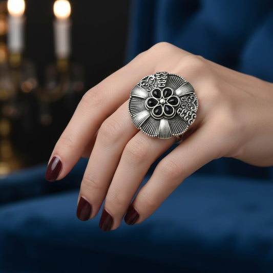 807613-Pretty Precious Oxidised Adjustable Finger Ring for Women & Girls | Vintage Traditional Statement Ring | Free Size Fashion Jewellery-Black