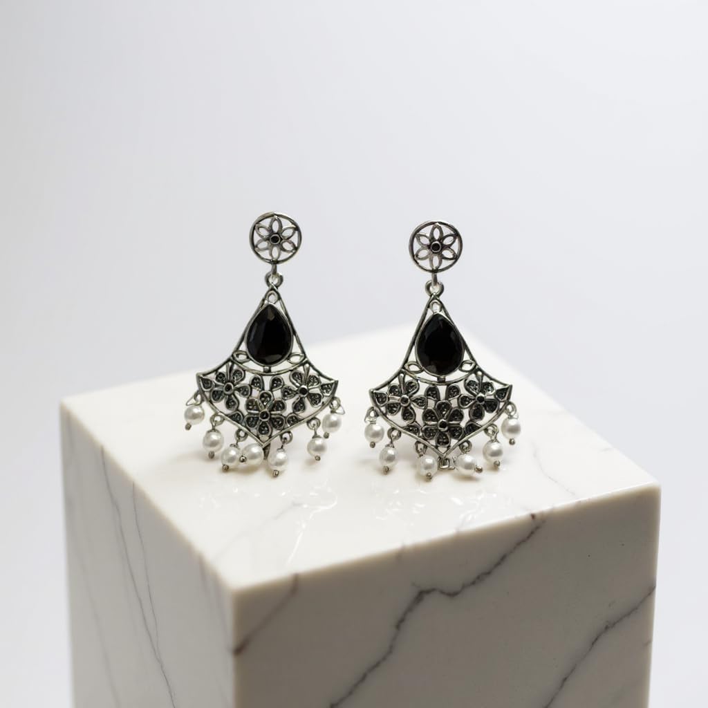 1360-Pretty Precious Oxidised Earrings for Women, Party Wear, Office Wear-Black Stone