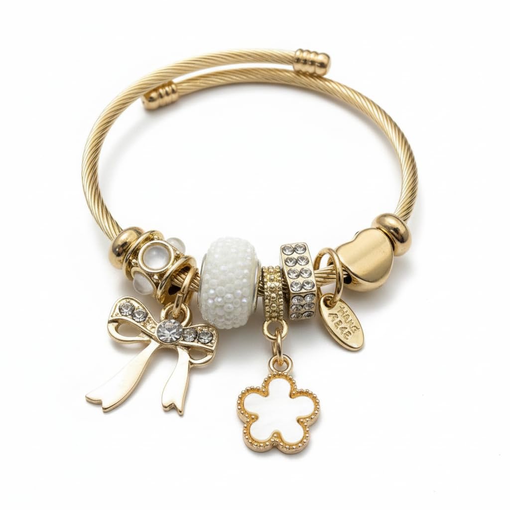 BC26141-Gold Tone Cable Bangle Bracelet with Beach Theme Charms, Seashell Starfish Flip Flop Dangles, Assorted Colours and Designs