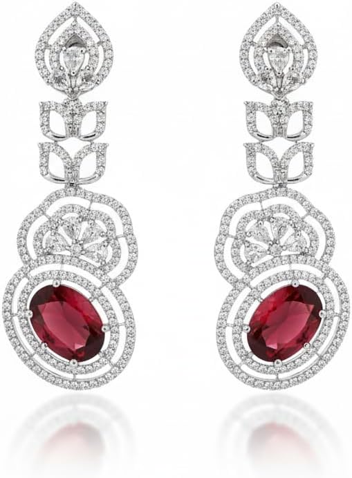 1374-Pretty Precious Earrings, AD Stones, Rhodium Plated, Dangle Design, Cubic Zirconia, Silver, Party Wear-Ruby