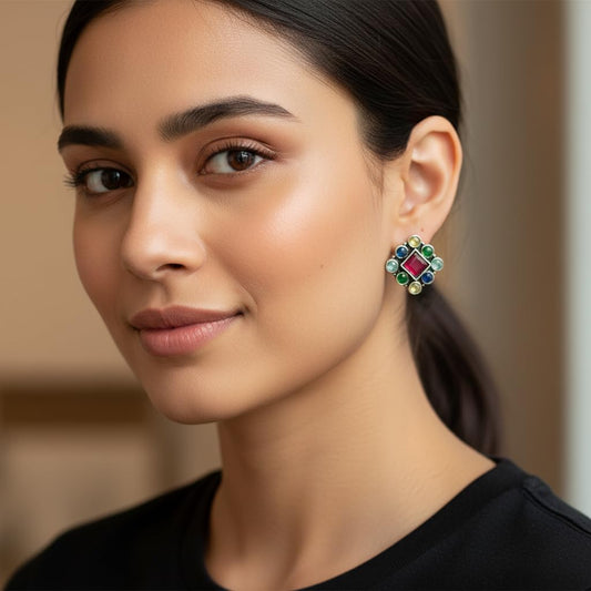 1051-Pretty Precious Oxidised Silver Stylish Party Wear Earrings for Women and Girls Studs - Multicolour