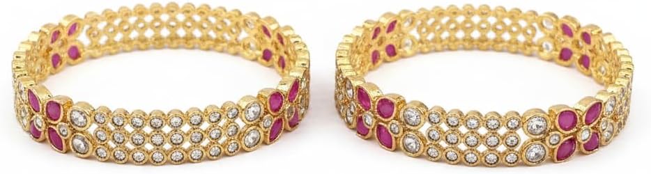 1493-Pretty Precious Gold Plated Cubic Zirconia/American Diamond Traditional Bangles/Bracelet Set of 2 for Women and Girls- Ruby (Size 2.6)