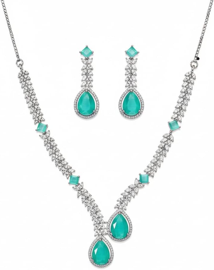 435007-Pretty Precious American Diamond Rhodium Plated Necklace and Earrings Set for Women & Girls | Mint Teardrop Stone | Elegant Wedding, Party & Bridal Jewellery | Statement AD Necklace Set-Mint