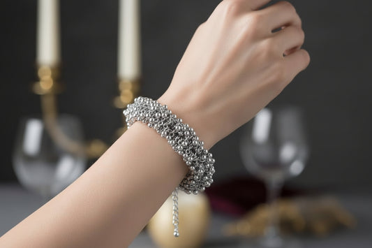 807885 -Pretty Precious Oxidised Goongroo Bracelet for Women and Girls, Gunmetal Beaded Chain Design