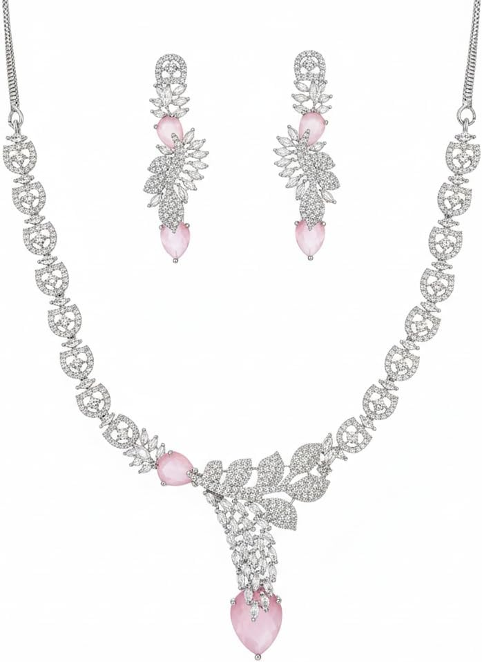 1402-Pretty Precious AD Necklace Set for Women | Rhodium Plated American Diamond Necklace & Earrings Set | Party, Wedding & Festive Jewellery-Pink Colour