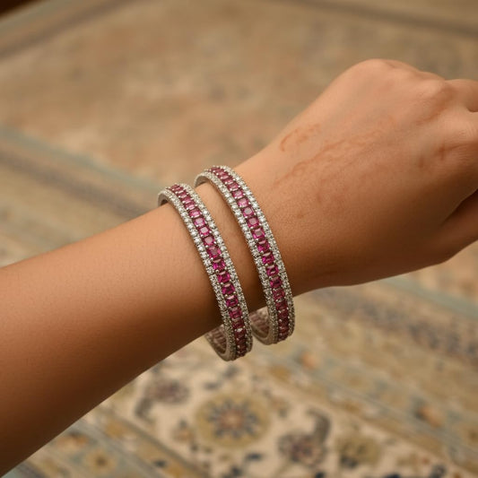 1471-Pretty Precious Rodhium-Plated Cubic Zirconia/American Diamond Traditional Bangles/Bracelet Set of 2 for Women and Girls -Pink (Size 2.8)