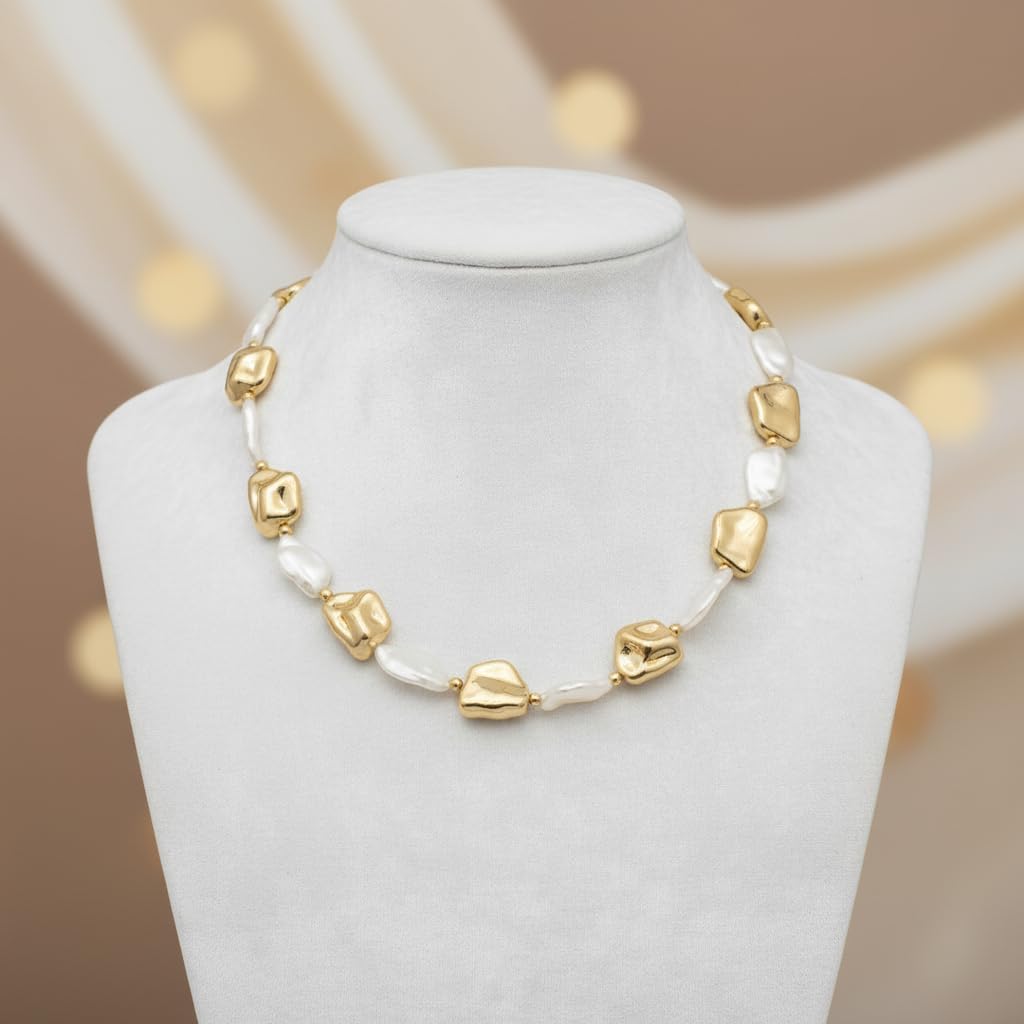 BC12523- Pretty Precious Alternating Gold Metal and White Pearl Beaded Necklace, Irregular Baroque Style, Adjustable Chain Clasp