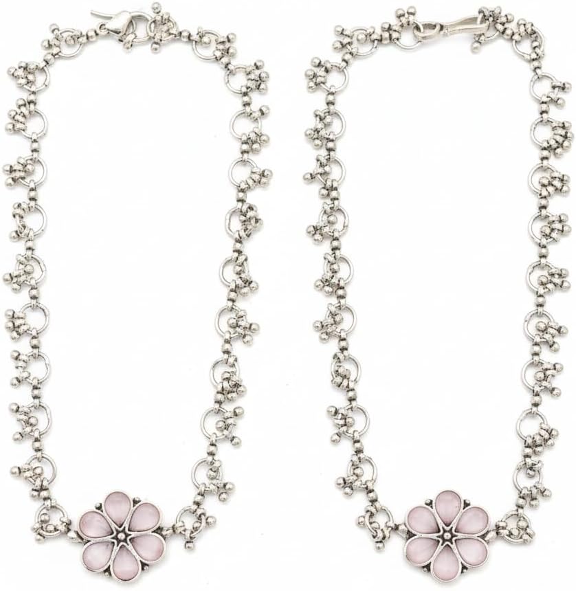 1518- Pretty Precious Oxidised Silver Anklet with Stone Embellishments, Twisted Chain Design, Decorative Clasp-Pink Colour