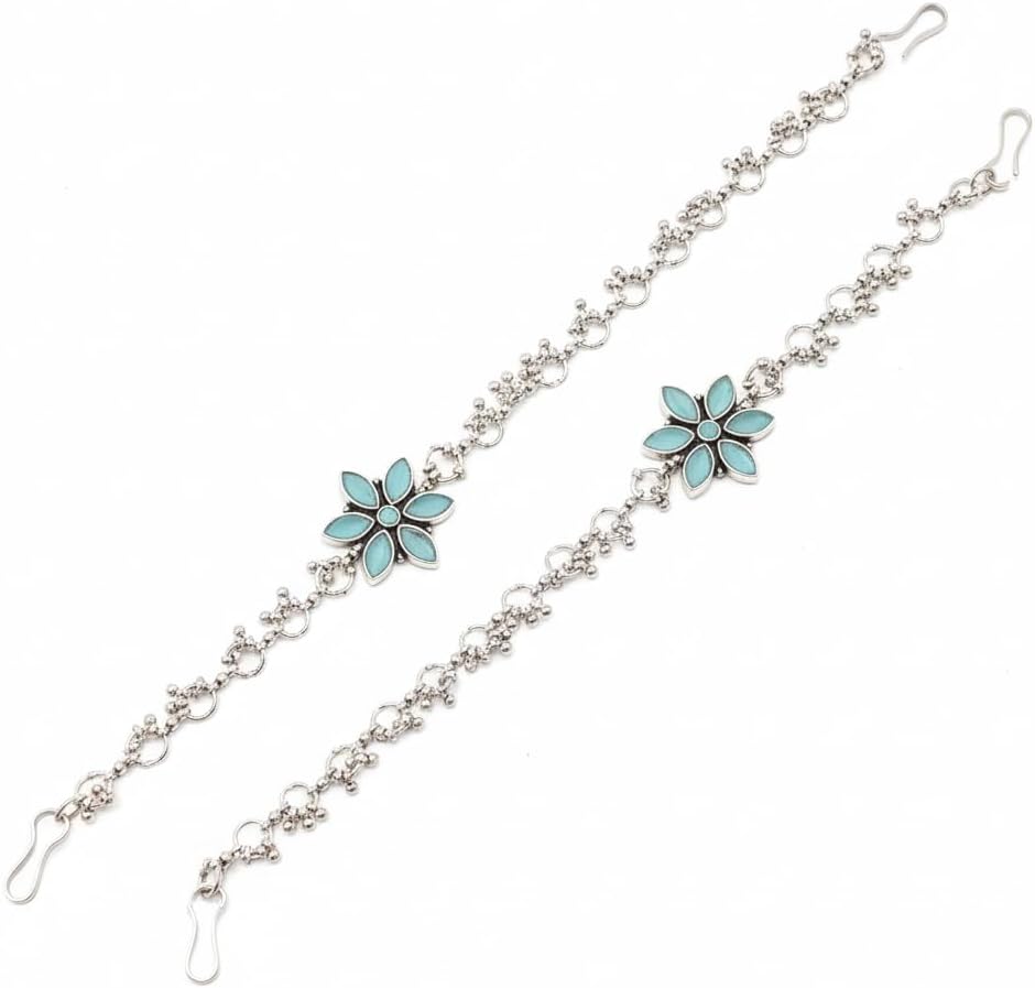 1515-Pretty Precious Oxidised Silver Anklet with Stone Embellishments, Twisted Chain Design, Decorative Clasp-Aqua Colour