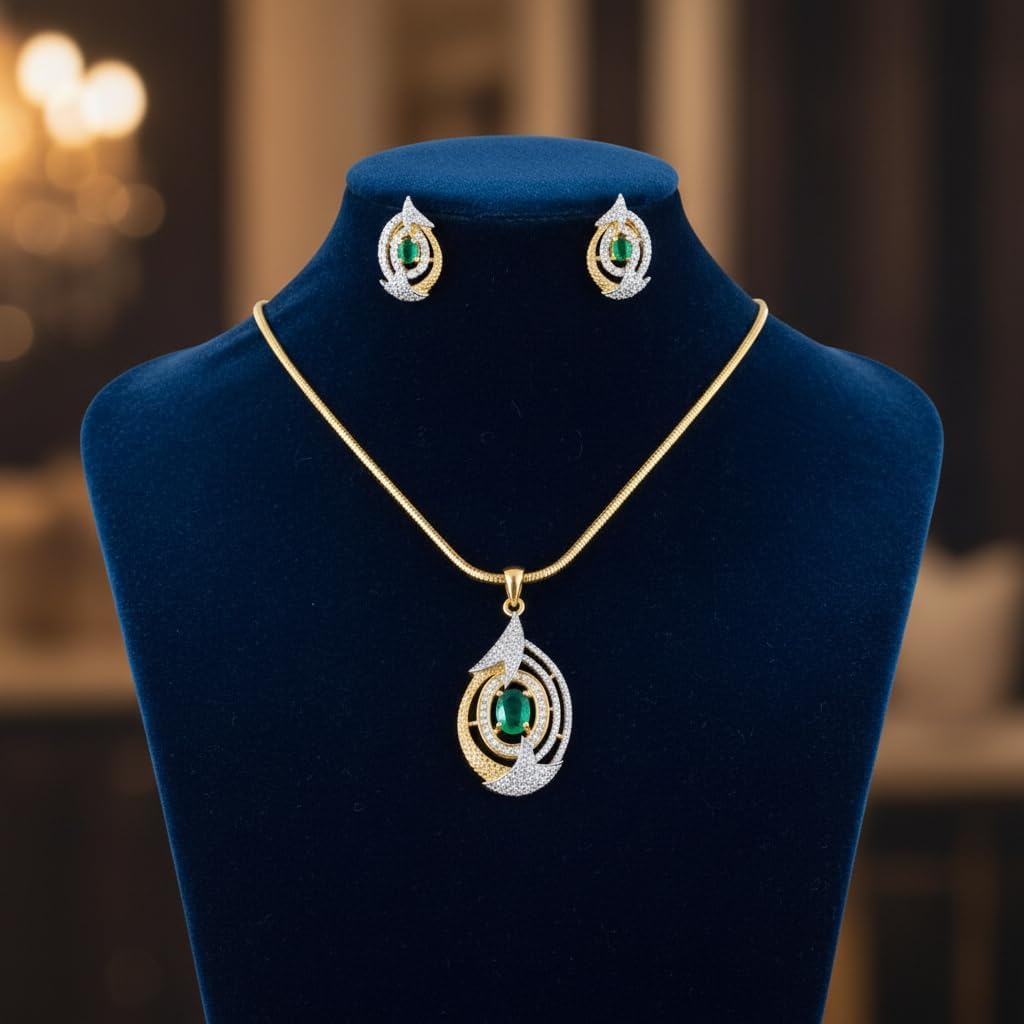1394-Pretty Precious AD Two Tone Pendant Set for Women | American Diamond Pendant with Earrings & Chain | Elegant Party, Wedding & Daily Wear Jewellery-Green