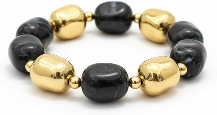 BC2584-Pretty Precious Natural Stone & Pearl Beaded Bracelet for Women | Stretchable Elastic Statement Bracelet | Handmade Fashion Jewellery | Black-Golden