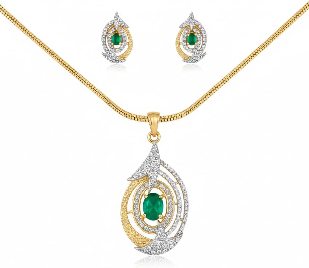 1394-Pretty Precious AD Two Tone Pendant Set for Women | American Diamond Pendant with Earrings & Chain | Elegant Party, Wedding & Daily Wear Jewellery-Green