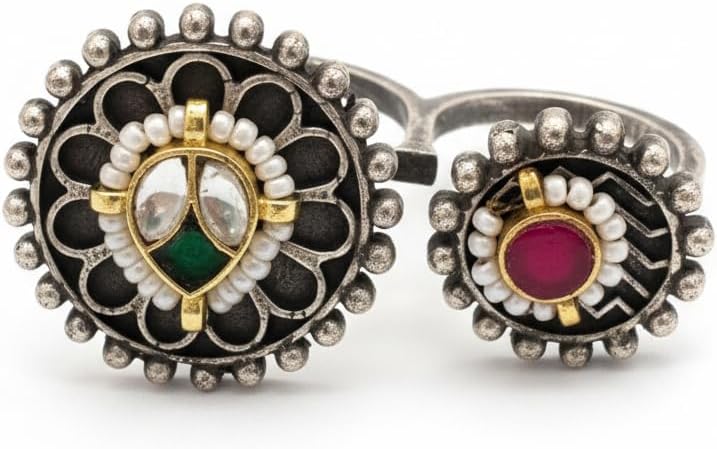 1542-Pretty Precious Dual Floral Ring, Oxidized Silver with Gold Accents, Green and Pink Stones, Pearl Detailing, Traditional Indian Design
