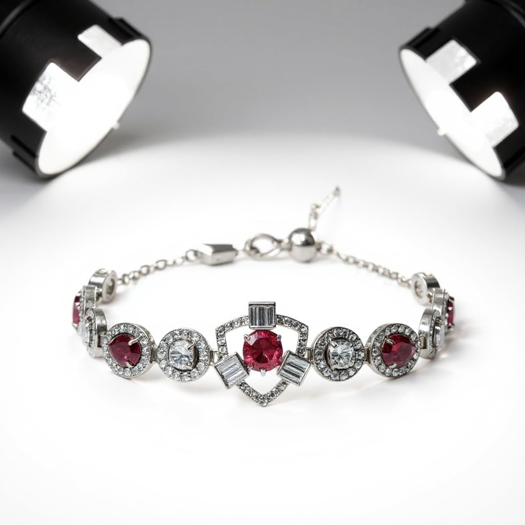 1367-Pretty Precious Adjustable chain Bracelet Cubic Zircon/American Diamond Rohdium Plated for Women and Girls-Ruby colour