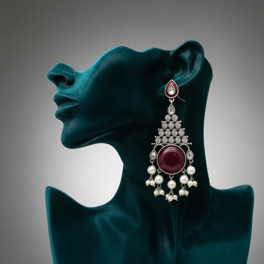 1377-Pretty Precious Oxidised Silver Stylish Party Wear Earrings for Women and Girls-Ruby Colour
