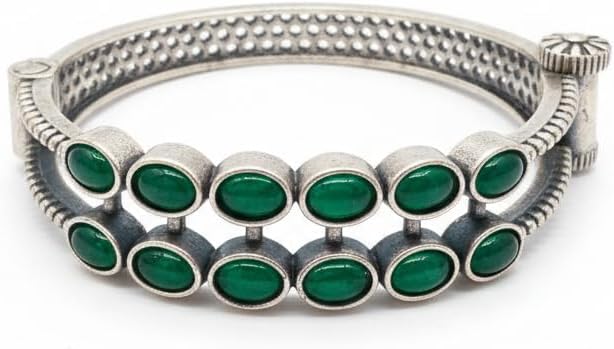 1502-Pretty Precious Oxidised Silver Look Screw Openable Kada Bracelet for Women & Girls | Ethnic & Party Wear Jewellery-Green