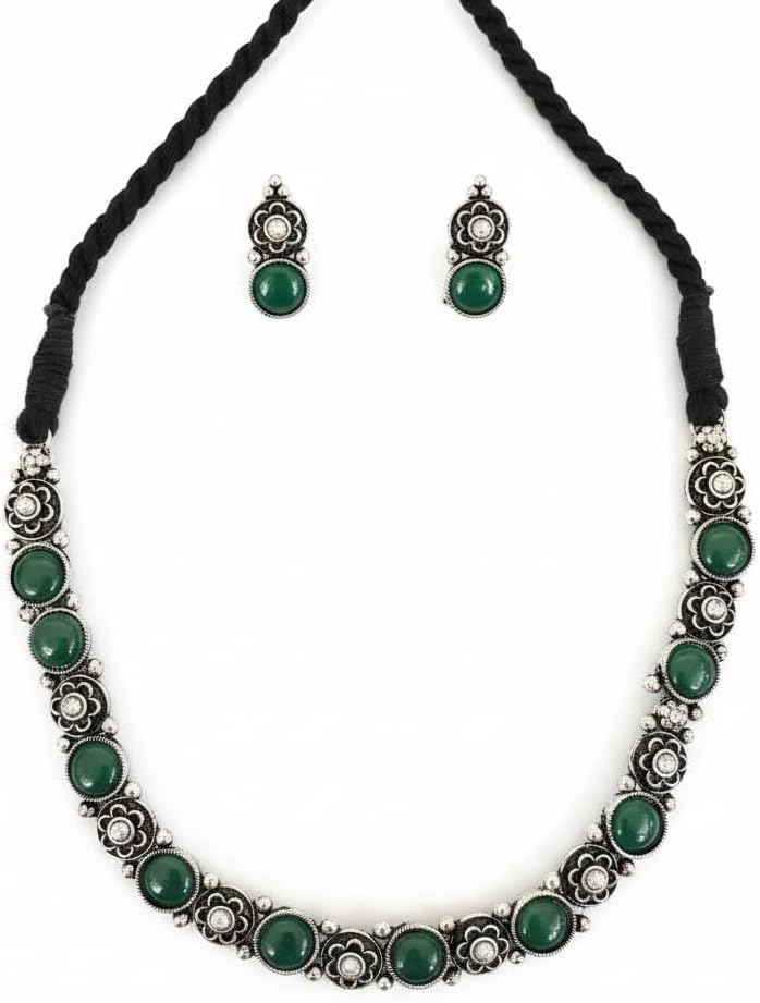 806173-Pretty Precious Latest Stylish Traditional Oxidised Silver Necklace Jewellery Set for Women | Antique Finish Ethnic Necklace with Matching Earrings | Festive & Party Wear-Green Colour