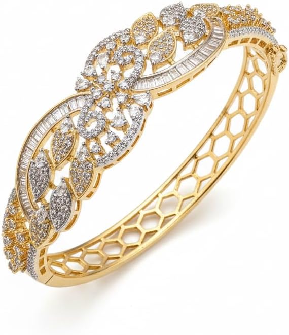 1424-Pretty Precious American Diamond Openable Kada Bracelet for Women, Gold & Silver Plating, Cubic Zirconia, One Size, Party & Wedding-White