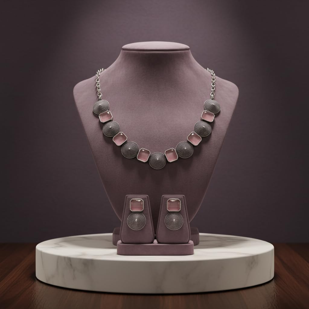 801221-Pretty Precious Latest Stylish Traditional Oxidised Silver Necklace Jewellery Set for Women | Antique Finish Ethnic Necklace with Matching Earrings | Festive & Party Wear-Pink Colour