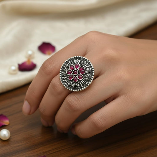 810153-Pretty Precious Oxidised Adjustable Finger Ring for Women & Girls | Vintage Traditional Statement Ring | Free Size Fashion Jewellery-Ruby