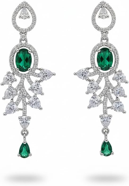 1373-Pretty Precious Earrings, AD Stones, Rhodium Plated, Dangle Design, Cubic Zirconia, Silver, Party Wear-Green