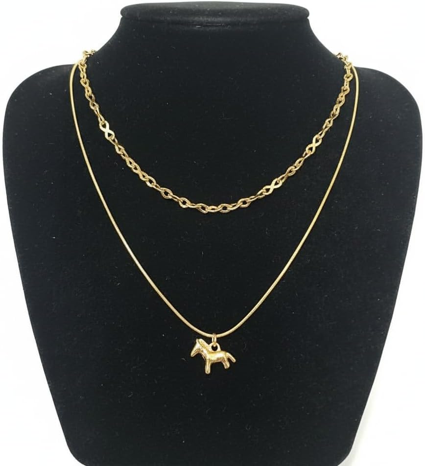 BC12527- Pretty Precious Layered Gold Chain Necklace Set with Horse Pendant Charm, Double Layer Snake Chain and Link Chain