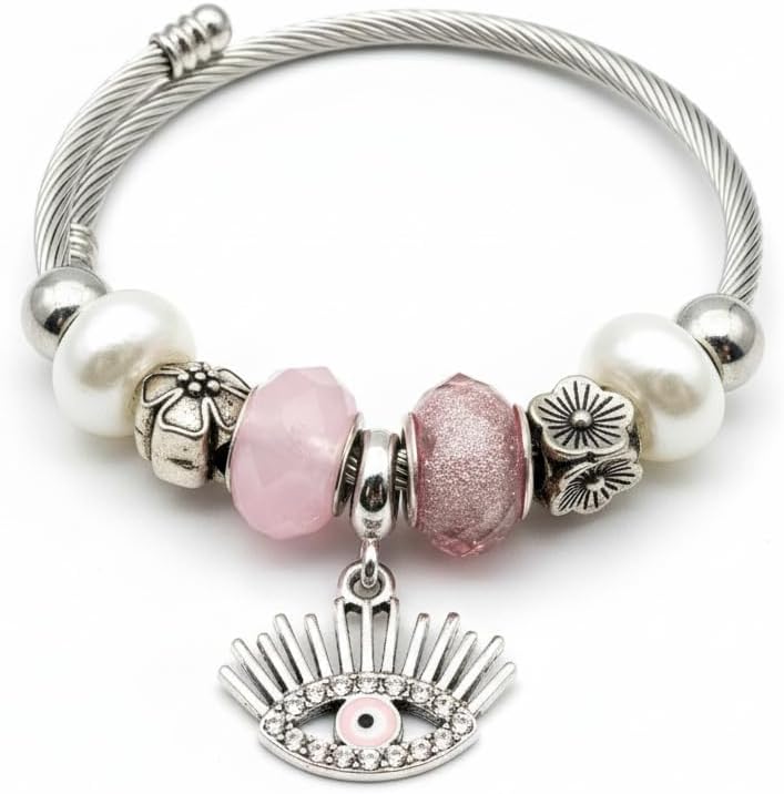 1436-Pretty Precious Silver Cable Charm Bracelet with Beads, Twisted Wire Bangle with Heart Lock, Clover, Butterfly, Pearl Charms