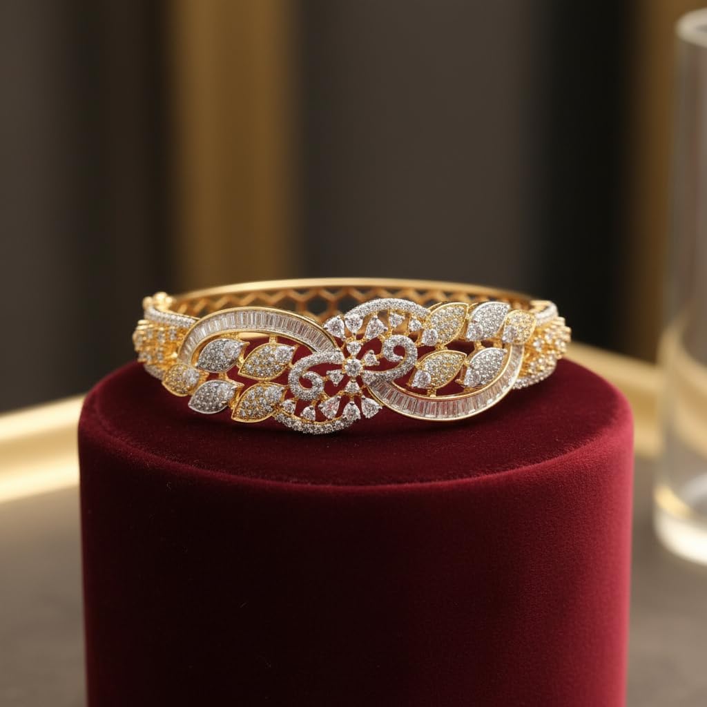 1424-Pretty Precious American Diamond Openable Kada Bracelet for Women, Gold & Silver Plating, Cubic Zirconia, One Size, Party & Wedding-White