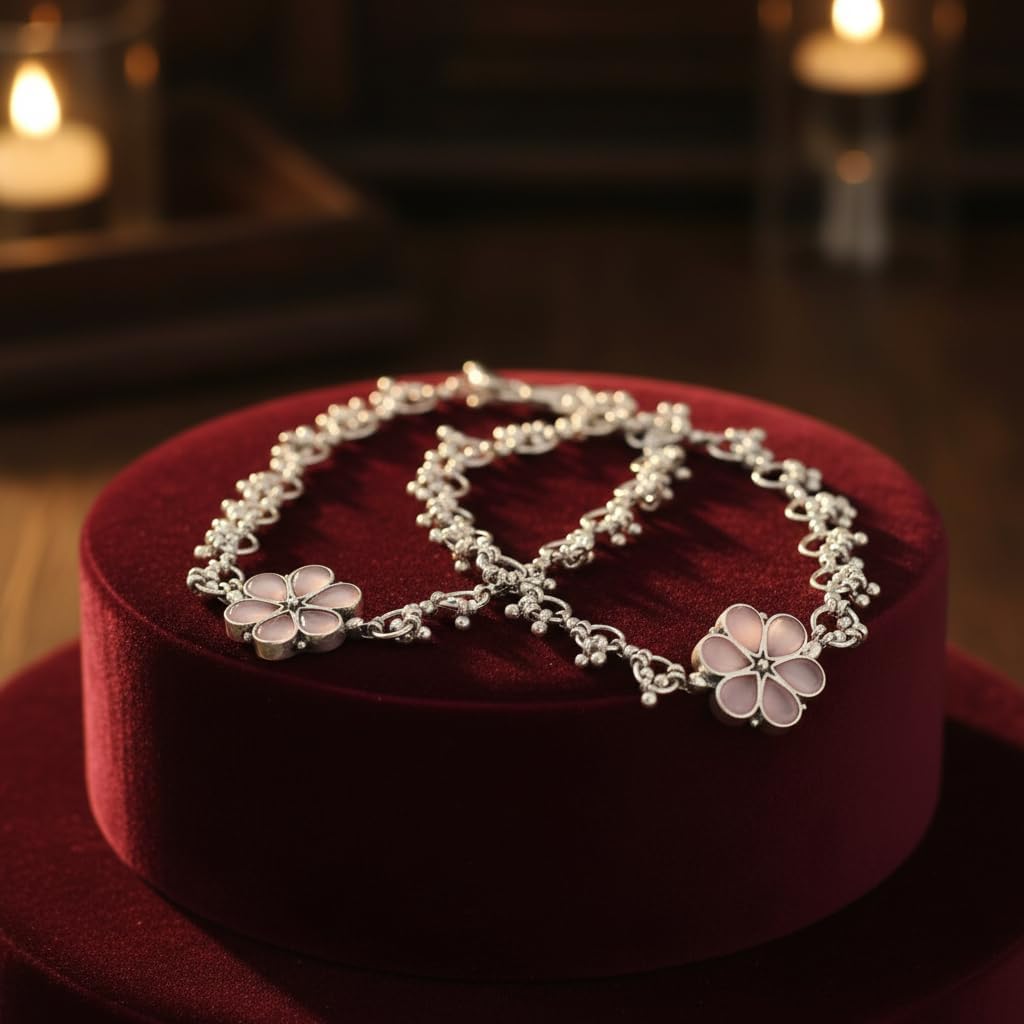 1518- Pretty Precious Oxidised Silver Anklet with Stone Embellishments, Twisted Chain Design, Decorative Clasp-Pink Colour