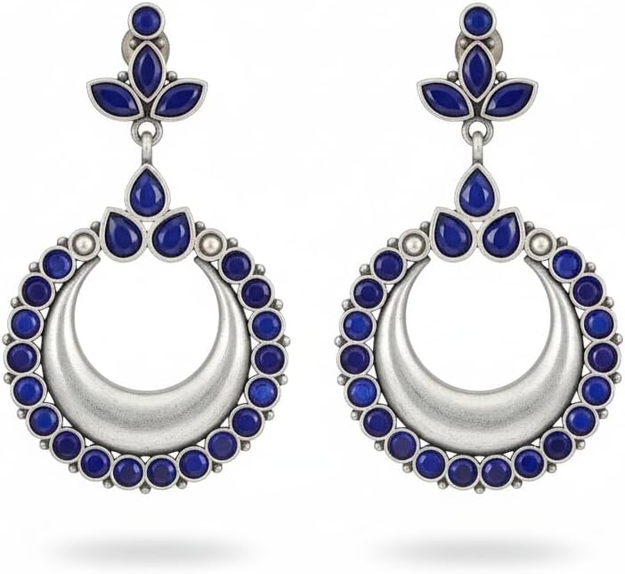 1535-Pretty Precious Oxidised Silver Stylish Party Wear Earrings for Women and Girls-Blue & Ruby White
