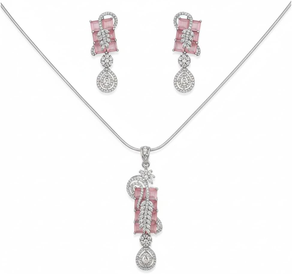 1380-PRETTY PRECIOUS Rodhium-Plated American Diamond Pendant Set with Earrings for Women and Girls, with Chain-Pink