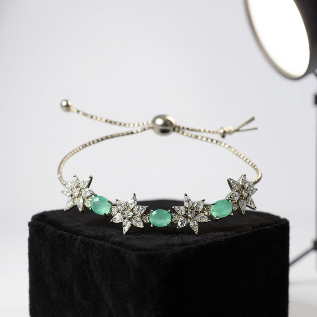 1364-Pretty Precious Adjustable chain Bracelet Cubic Zircon/American Diamond Rohdium Plated for Women and Girls-Mint colour