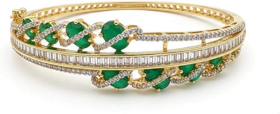 1428-Pretty Precious American Diamond Openable Kada Bracelet for Women, Gold & Silver Plating, Cubic Zirconia, One Size, Party & Wedding-Green