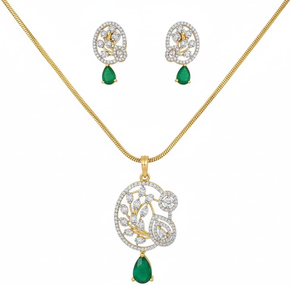 1387-Pretty Precious AD Two Tone Pendant Set for Women | American Diamond Pendant with Earrings & Chain | Elegant Party, Wedding & Daily Wear Jewellery-Green