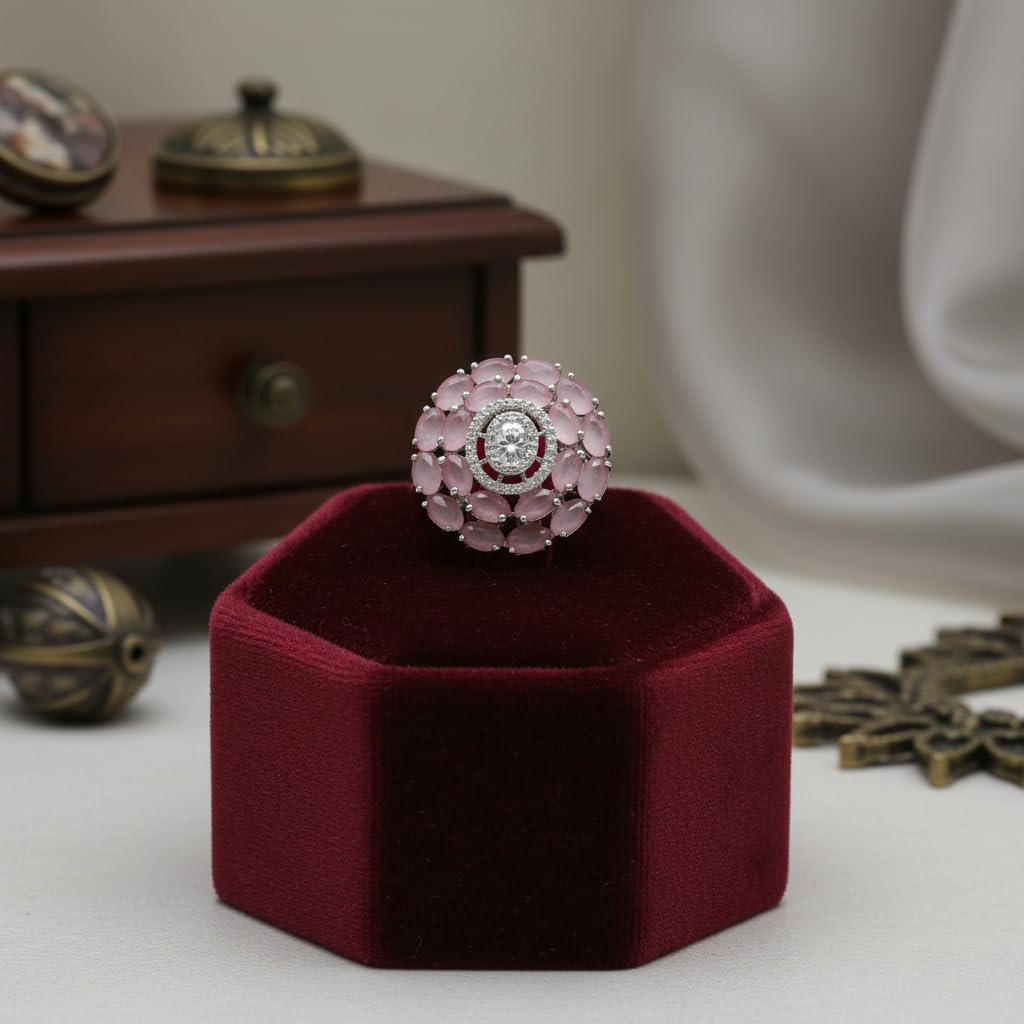 437627-Pretty Precious American Diamond Finger Ring for Women & Girls | Rhodium Plated AD Ring | Adjustable Elegant Party, Wedding & Daily Wear Jewellery-Pink